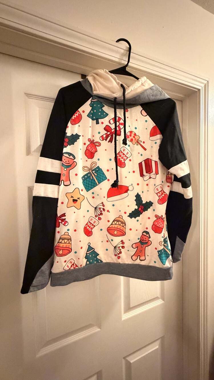 Double Take Christmas Print Raglan Sleeve Hooded Sweatshirt